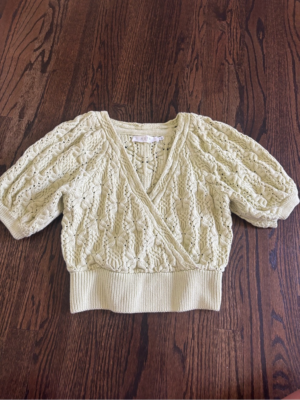 Astr the label Wrap-Style Short Sleeve Cable Knit Sweater yellow small